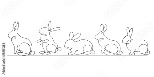 Bunny continuous line set. Hand drawn cute illustration on background.