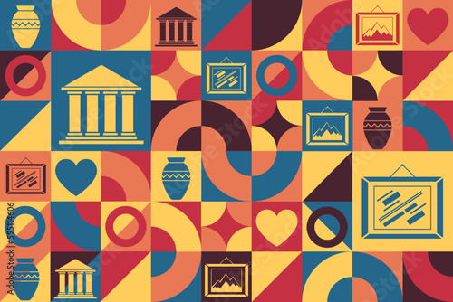 International Museum Day. May 18. Seamless geometric pattern. Template for background, banner, card, poster. Vector EPS10 illustration.