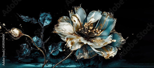 Fototapeta Naklejka Na Ścianę i Meble -  a wallpaper botanical flowers with one big flower for whole artwork flowing alcohol ink style bioluminescence navy blue background, white, gold, generative ai.