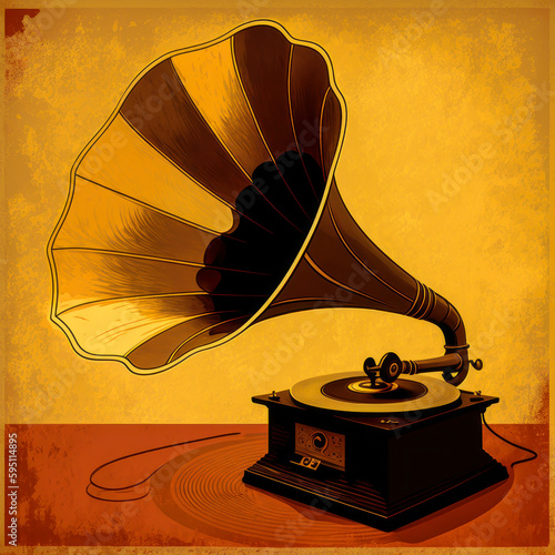 Illustration of an antique phonograph with a warm background, representing a nostalgic and technological atmosphere. The warm colors give the image a welcoming atmosphere. Generative AI photo
