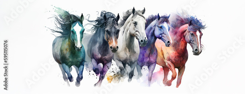 The Power of the Wild  Mustangs Running Free  in a Beautiful Watercolor Painting.  Generative AI. 