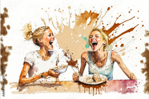 Two young women playing with candy and creating a chocolate mess effect. Original watercolor illustration. Generative AI