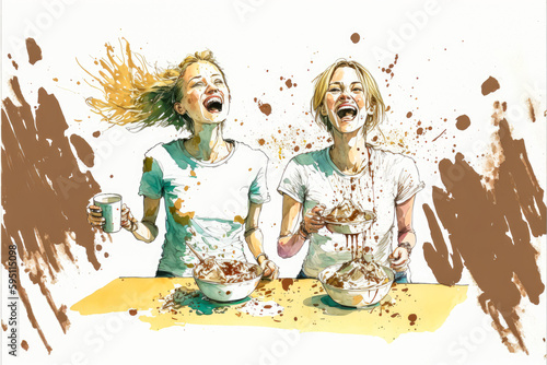 Two young women play with chocolate food and create beautifully colored splashes. Watercolor illustration for a unique and fresh look. Generative AI