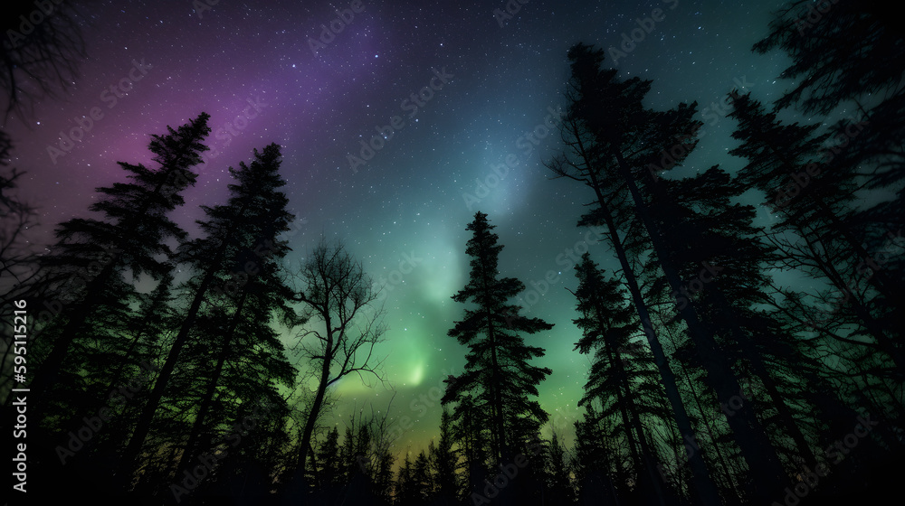 Breathtaking image of an aurora-filled sky, with vibrant hues of green and purple lighting up the night, framed by the silhouettes of tall pine trees