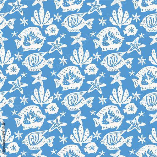 Beautiful seamless pattern with seaweeds, Sea underwater plants, ocean coral reef and aquatic kelp,  algae and seashells, jellyfish. Marine  background.  Vector illustration.  