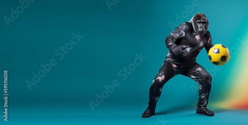 Studio shot of gorilla in dress holding ball  stylized as sports model  against blue copy space background. generative ai