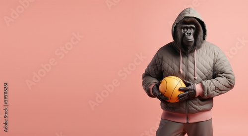 Studio shot of a gorilla in a jacket holding a basketball, stylized as a sports model, on a pastel pink copy space background. generative ai