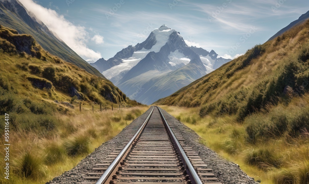  a train track with a mountain in the background and grass on both sides.  generative ai