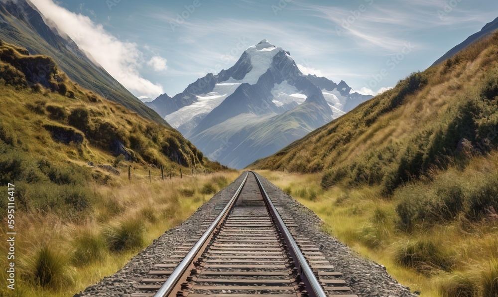 a train track with a mountain in the background and grass on both sides. generative ai a train track with a mountain in the background and grass on both sides. generative ai
