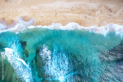 Aerial view of the north shore of Oahu, Hawaii, overlooking Ehukai Beach known for its large winter waves