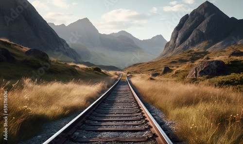  a train track with a mountain in the background and grass in the foreground. generative ai
