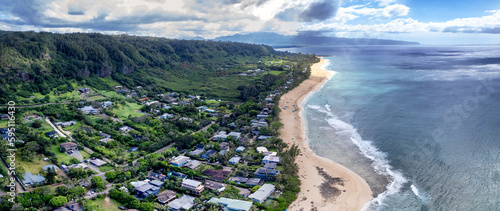 Aerial view of the north shore of Oahu, Hawaii, overlooking Ehukai Beach known for its large winter waves photo