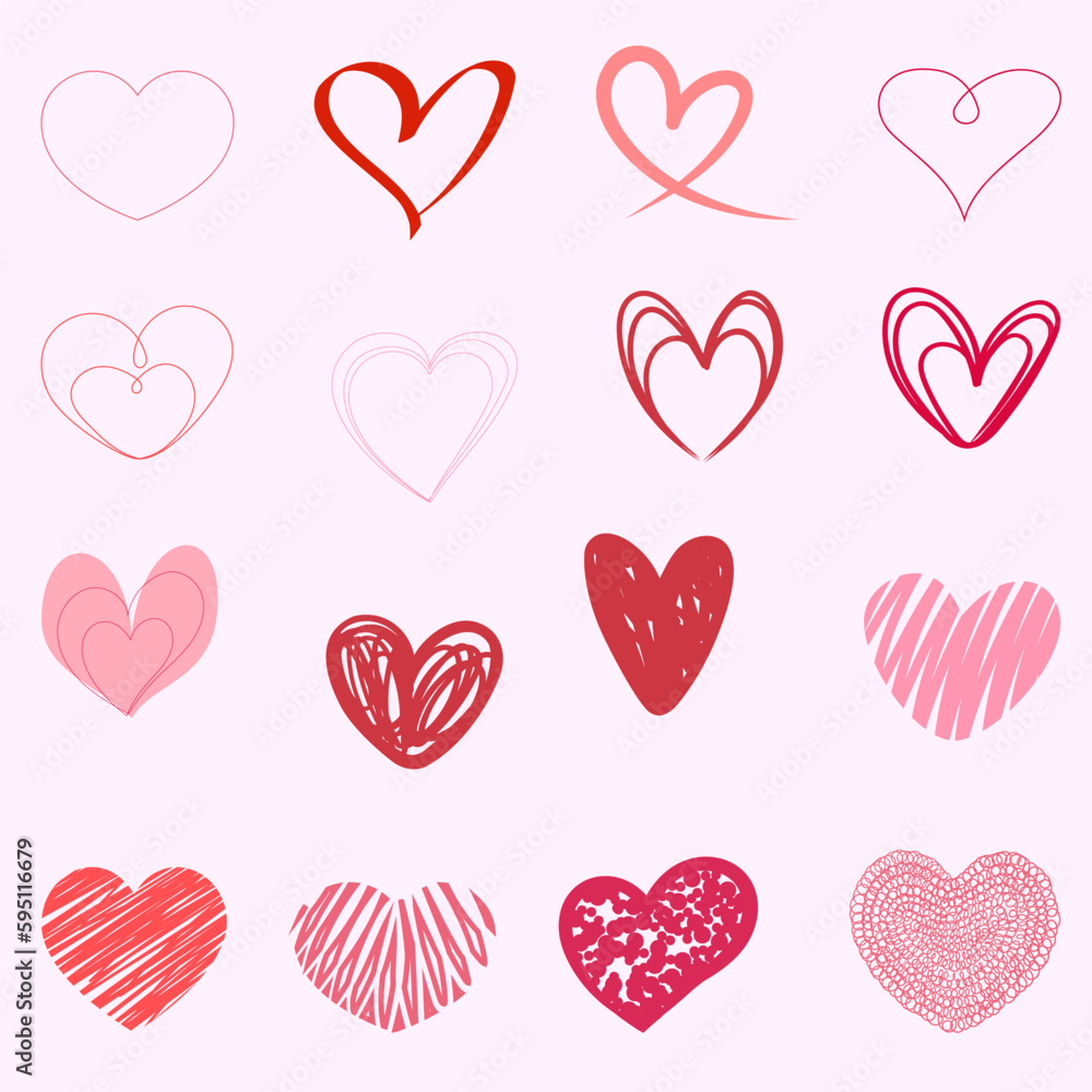 Set of heart illustrations, love symbol icons set. Red hearts. Hand drawn.Vector illustration Set of heart illustrations, love symbol icons set. Red hearts. Hand drawn.Vector illustration