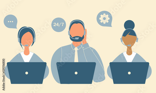 Customer service workers with headsets and laptops service or consult customers on computers.Hotline operators work 24/7, global online technical support, Call center, call processing system. Raster