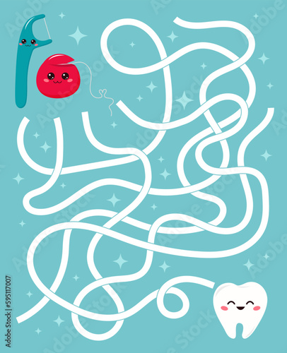 Maze game for kids. Help the Dental floss find right way to tooth. Cute kawaii characters. Learn about dental health. Printable educational labyrinth. Vector illustration.