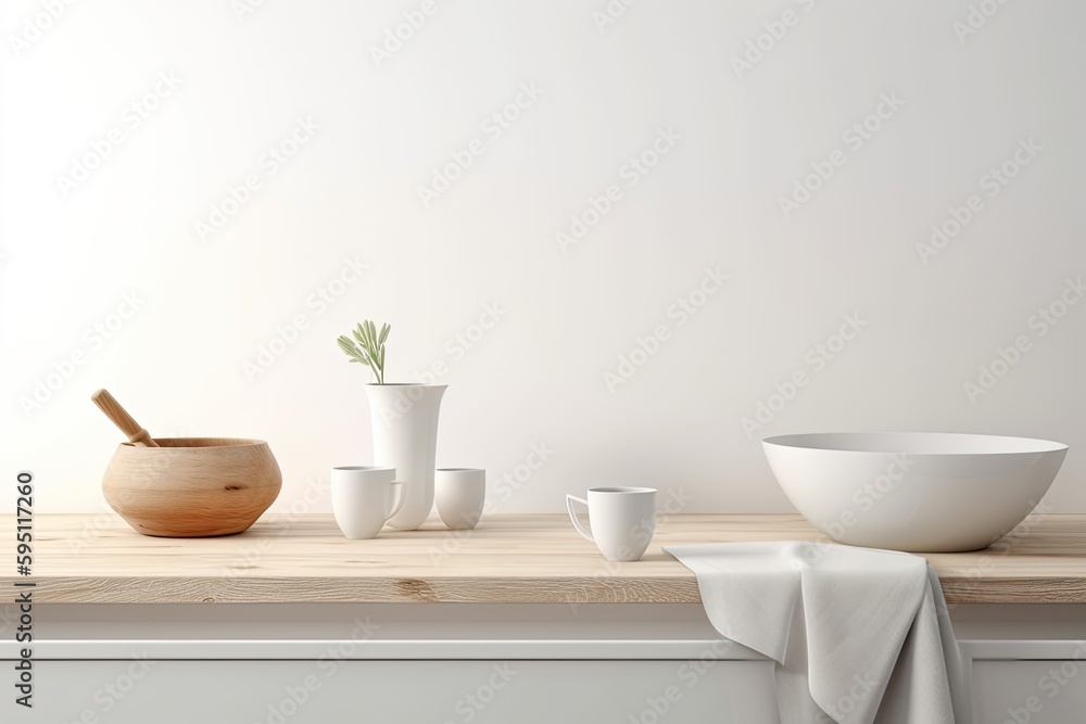 table setting with white bowls and cups. Generative AI