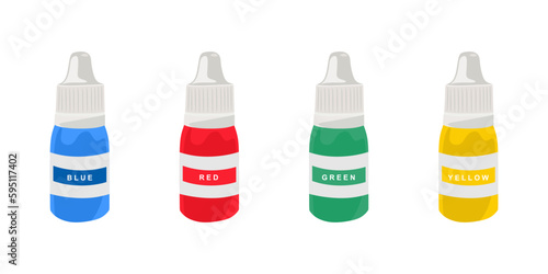 Set of Gel food coloring in bottles blue, red, green and yellow color. Food coloring collection. flat cartoon vector illustration isolated on white background