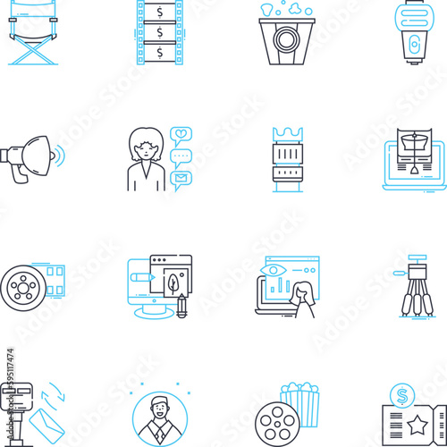 Flicks linear icons set. Movies, Cinema, Popcorn, Film, Blockbuster, Theater, Thriller line vector and concept signs. Comedy,Action,Horror outline illustrations