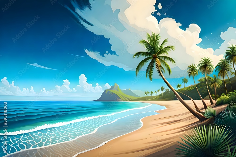 A beautiful painting of a tropical beach with palm trees, vibrant colors, paradise