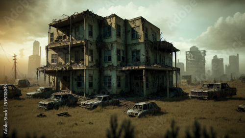 Zombie apocalypse in the city. Post-apocalyptic landscape. Generative AI