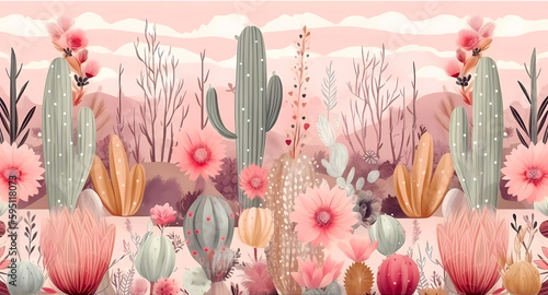 Fototapeta Naklejka Na Ścianę i Meble -  Cactus and succulent pink landscape wallpaper background.  Paper for crafts, scrapbooking or art projects