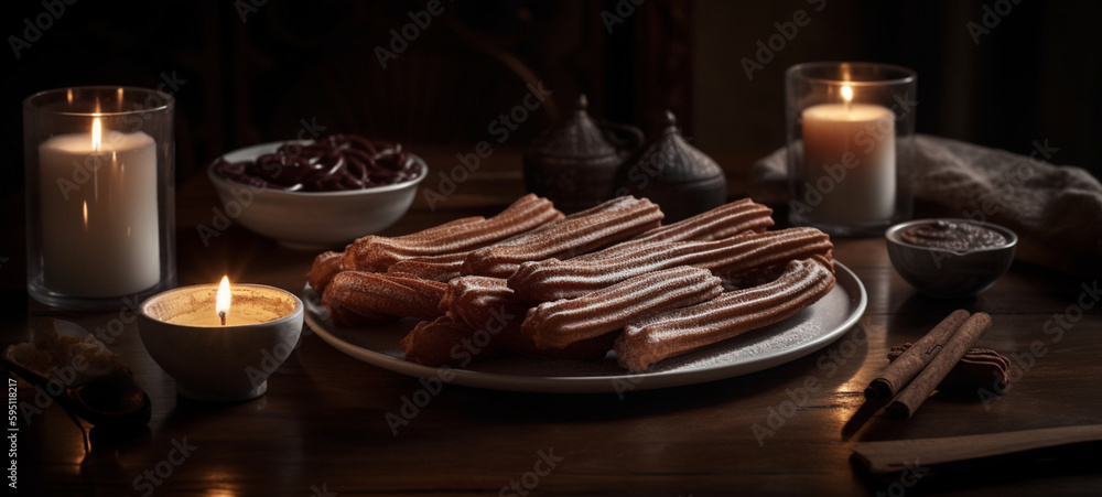 
Churros on the table with sugar and chocolate. Generative AI.