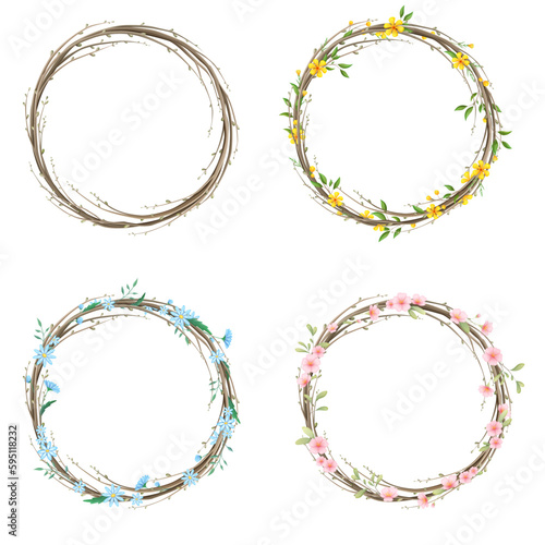 Vector flower wreath from branches and flowers.Decorative floral element for design of invitations, covers, notebooks and other items. Floral wreath