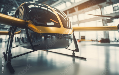 Close-up of an electric eVTOL aircraft inside a hangar. Flying car production facility. 