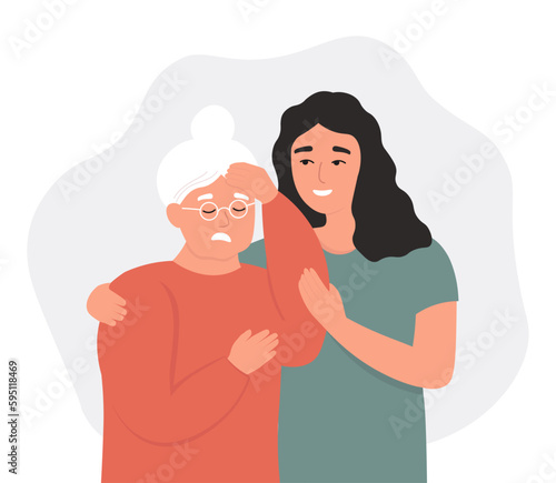 Help for the elderly. The old woman has a migraine, Alzheimer's headache. The nurse supports the patient. Vector flat graphics.