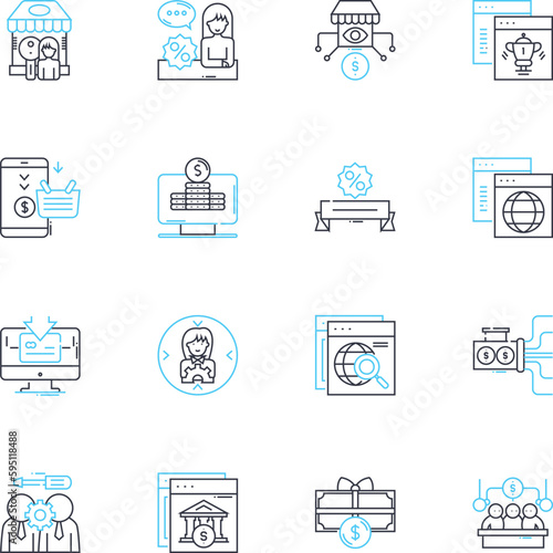 Vend Merchandise linear icons set. Sales, Vending, Products, Pop-up, Kiosk, Retail, Inventory line vector and concept signs. Popup,Discounts,Stock outline illustrations