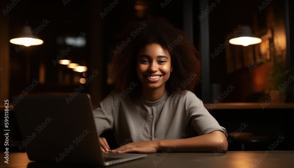 Happy Afro woman with laptop sitting at table. Generative AI Happy Afro woman with laptop sitting at table. Generative AI