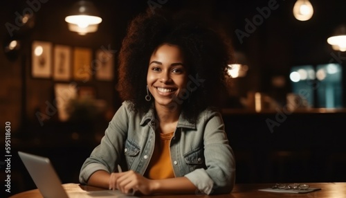 Happy Afro woman with laptop sitting at table. Generative AI