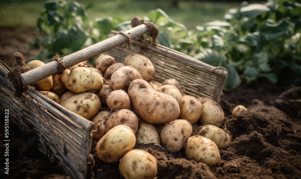 a pile of potatoes sitting in the dirt next to a garden rake. generative ai a pile of potatoes sitting in the dirt next to a garden rake. generative ai