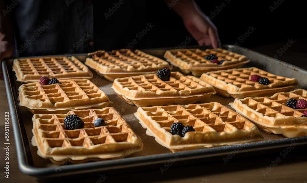 a pan filled with waffles topped with berries and syrup. generative ai a pan filled with waffles topped with berries and syrup. generative ai