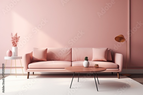 cozy living room with soft pink walls and a matching pink couch. Generative AI