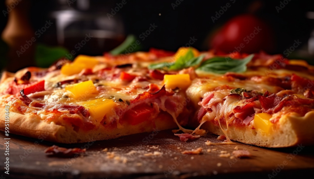 Freshly baked pizza with mozzarella and salami generated by AI