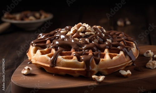  a waffle covered in chocolate and nuts on a cutting board. generative ai