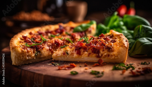 Freshly baked homemade pizza on rustic wood table generated by AI