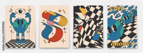 Collection of bright groovy posters 70s. Retro poster with psychedelic abstract objects, and a character in the form of the planet earth, vintage prints, isolated