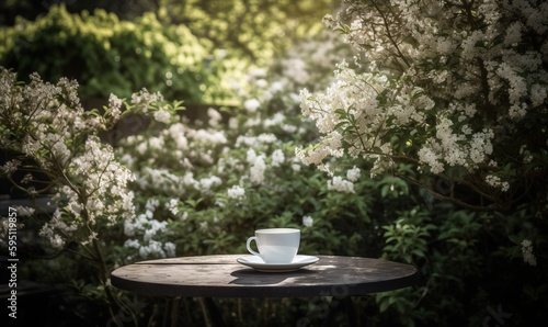  a cup of coffee sitting on a table in front of a bush. generative ai