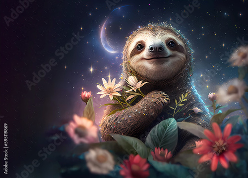 Fairytale sloth. Emotions of happiness. For a children's book. Copy space. Banner. Generative AI photo