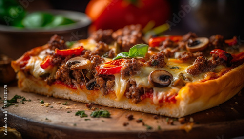 Freshly baked rustic pizza with mozzarella and meat generated by AI