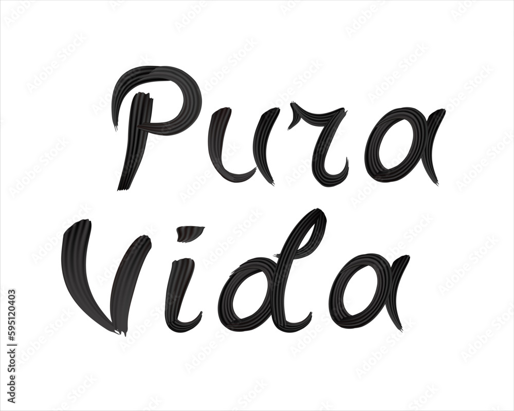 Pura Vida - hand lettered quote. Translation from Spanish - Pure life. Design for posters, flyers, T-shirts, banners, invitations. Pura Vida text drawn with a brush in black on a white background