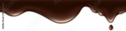 Chocolate melted drip, liquid spill with drops and splash. Milk chocolate texture, flowing cream wave. Dark brown border isolated on white background. Vector illustration