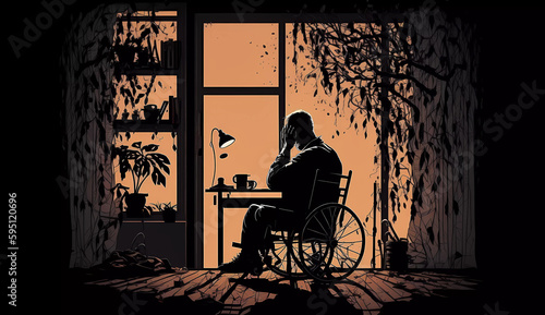 The man is sitting in a wheelchair. Depression, loneliness. Generative AI