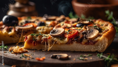 Freshly baked homemade pizza on rustic table generated by AI