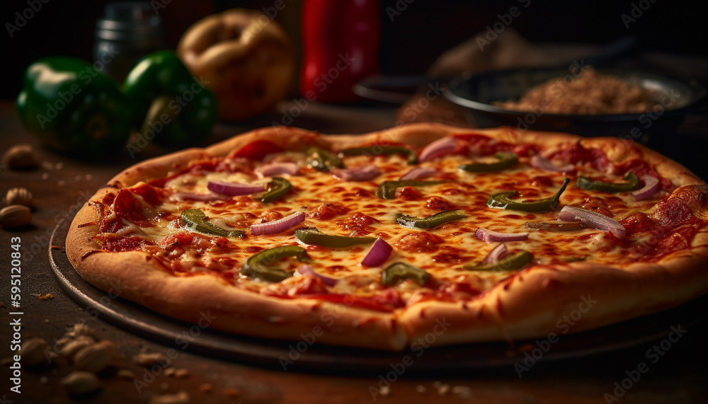 Freshly baked pizza on rustic wooden table generated by AI