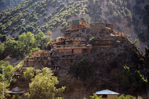 Traditional Kalash wooden houses in Kalash valley in Pakistan