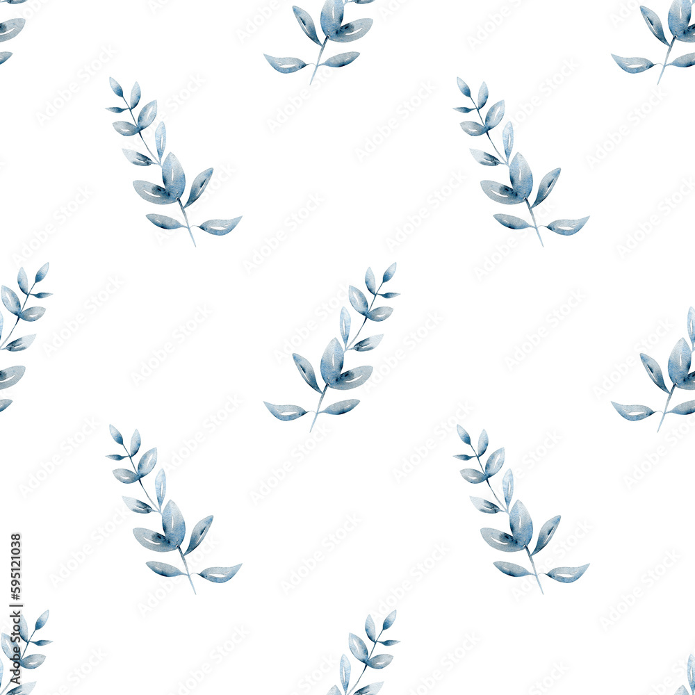 watercolor floral and leaves seamless pattern. Foliage seamless pattern of blue branches with leaves, watercolor floral illustration on white background.