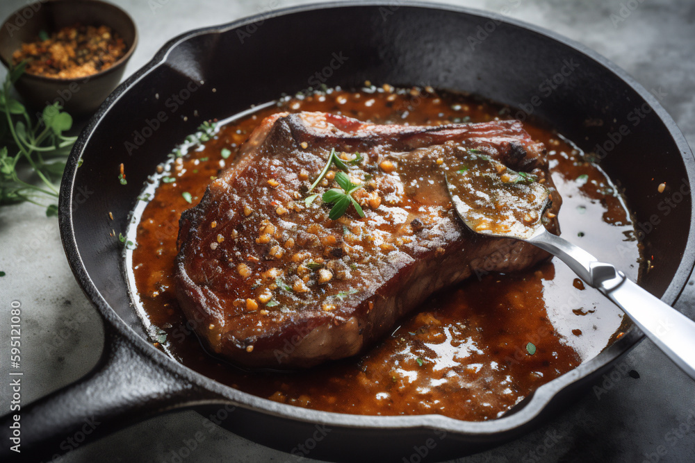 Garlic Guajillo Steak seared in a hot skillet an, generativ ai Garlic Guajillo Steak seared in a hot skillet an, generativ ai